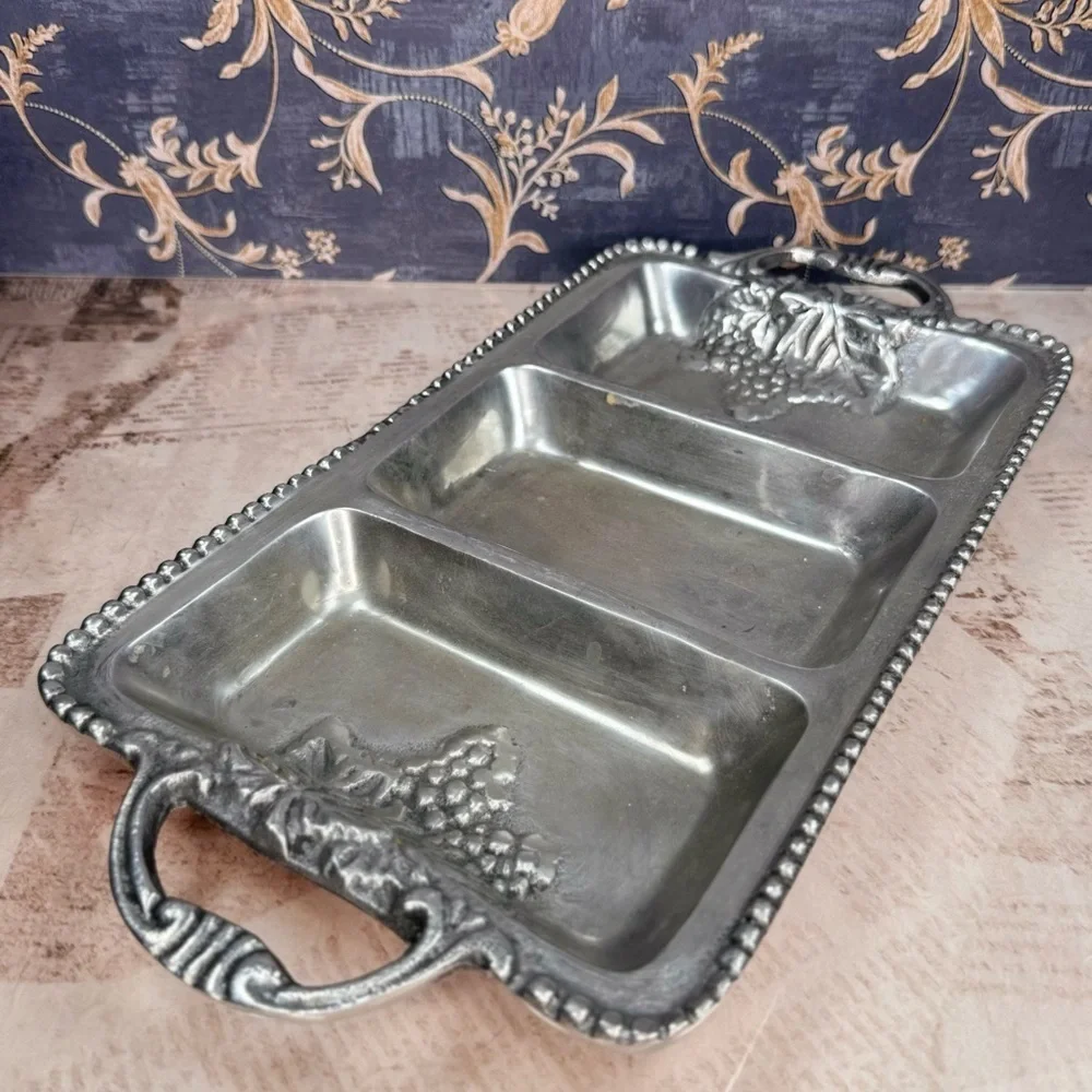 Vintage Pewter 3 Section Relish Tray Heavy Ornate Serving Dish Handles